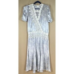 Jessica McClintock 4 Silk Dress Lace Floral Cottage 1980's Formal Vintage Luxe